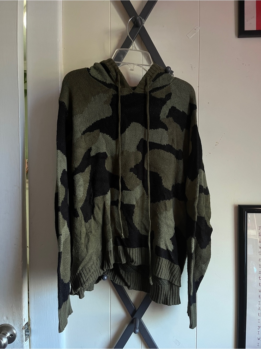Camo Knit Hoodie Sweater - Olive & Black